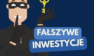 grafika - rysunkowy przestępca z kluczem i napis fałszywe inwestycje