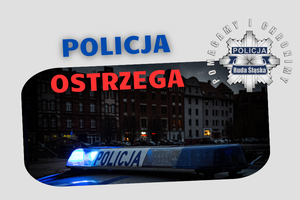 grafika i zdjęcie policyjnego radiowozu z włączonymi światłami błyskowymi oraz napisem policja ostrzega