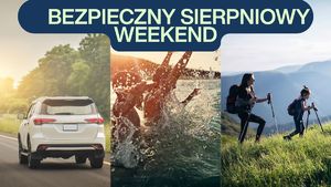 Zdjęcie przedstawia samochód w trasie, osoby w wodzie oraz ludzi w górach. Na górze znajduje się napis Bezpieczny sierpniowy weekend
