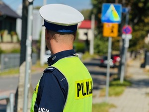 zdjęcie przedstawia policjanta w rejonie przejścia dla pieszych obok szkoły