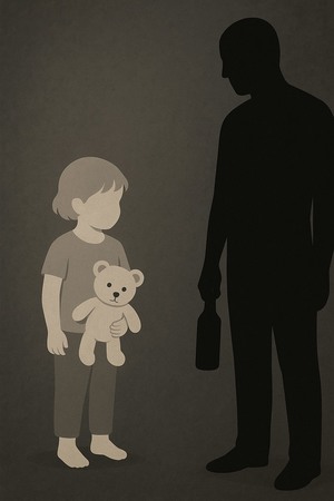 Grafika przedstawia dziecko z pluszowym misiem oraz dorosłego z butelka w dłoni