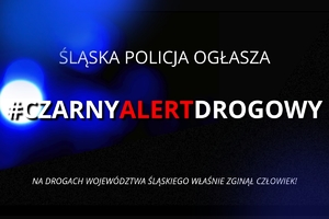 Grafika przedstawia napis Śląska Policja ogłasza - hasztag czarny alert drogowy. Na drogach województwa śląskiego właśnie zginął człowiek. W tle migają lampy koloru niebieskiego.