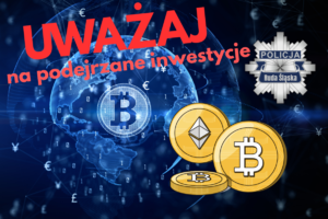 grafika z logo policji, rysunkiem monet z logami kryptowalut i napisem uważaj na podejrzane inwestycje