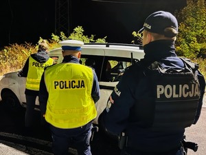 zdjęcie przedstawia policjantów referatu kryminalnego, ruchu drogowego i patrolówki w trakcie kontroli samochodu