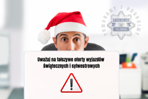 grafika, mężczyzna z czapką mikołaja, napis Uważaj na fałszywe oferty wyjazdów świątecznych i sylwestrowych