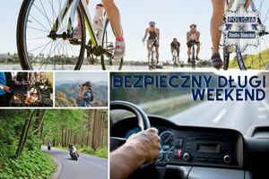 Mozaik zdjęć: rowerzyści na wycieczce, grill, górska wycieczka, motocyklowa podróż oraz kierowca samochodu
