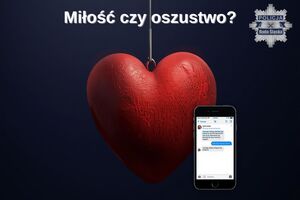 Serce zawieszone na haczyku, na granatowym tle, obok telefon z otwartym czatem. U góry napis: "miłość czy oszustwo?"