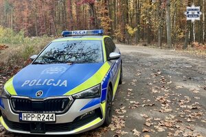 Policyjny radiowóz, w tle jesienne drzewa